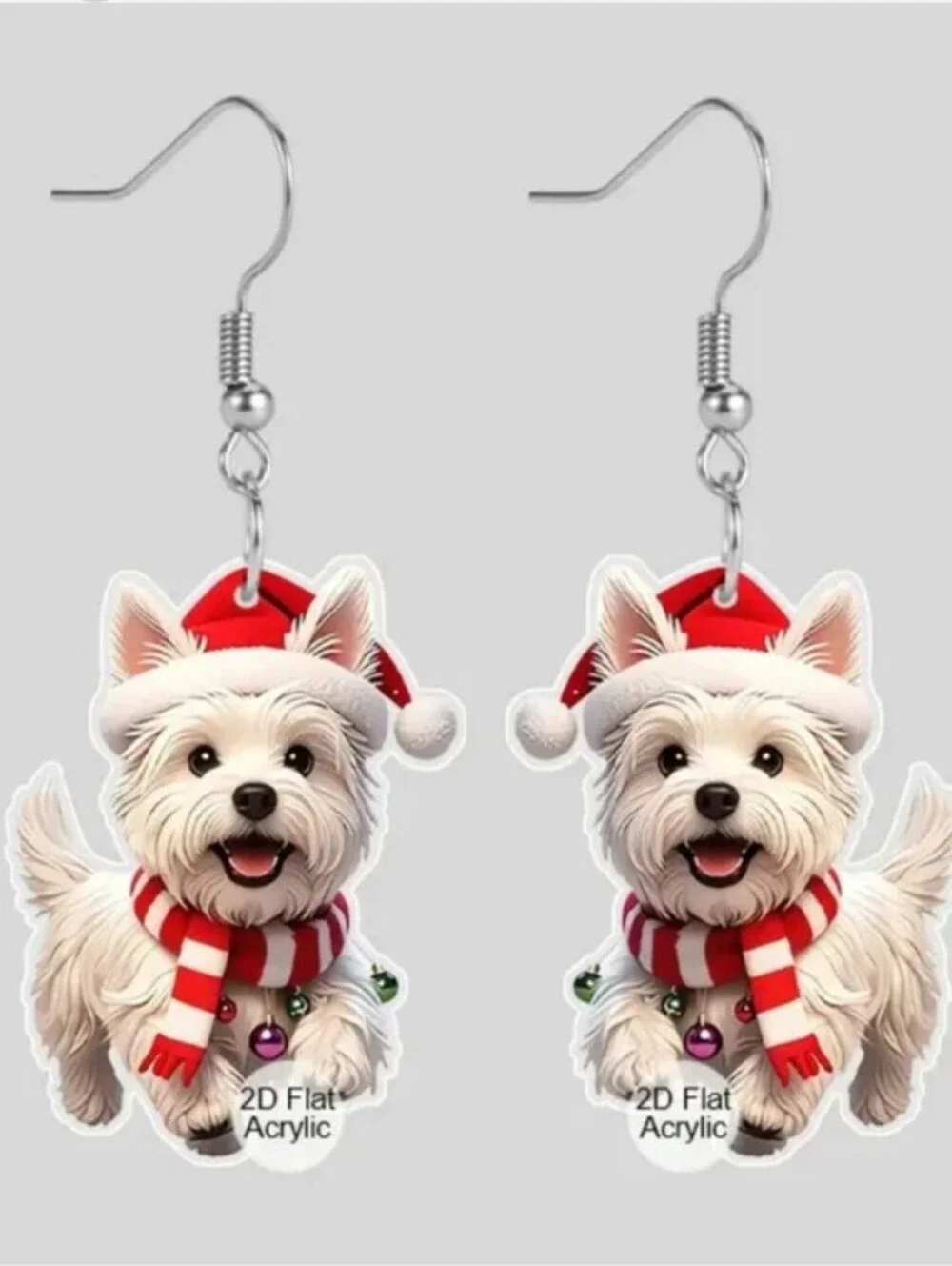 Festive White Dog Earrings with Red Santa Hat and Scarf